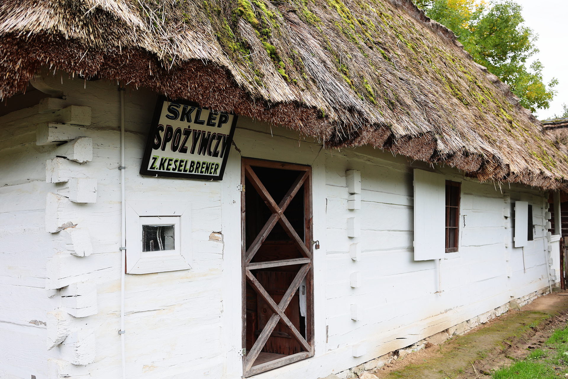 Poziome zdjęcie przedstawia fragment tradycyjnej, parterowej chałupy drewnianej z drewna bielonego na biało, pokrytej grubym, słomianym dachem ze strzechy. Ściany budynku wzniesiono z grubych, poziomo ułożonych bel, połączonych na rogach w charakterystyczne zręby. Bielone drewno tworzy jasną, matową powierzchnię, z wyraźnie widoczną fakturą. Dach ze słomy ma ciemnobrązową barwę, a jego dolna krawędź jest postrzępiona i nieregularna. Na stoku dachu widoczne są ślady zielonego mchu. Na pierwszym planie po lewej stronie znajduje się prostokątna, czarno-biała tablica szyldowa z napisem „SKLEP SPOŻYWCZY Z. KESELBRENER”. Poniżej tablicy osadzono małe, kwadratowe okienko w białej ramie. Obok mieszczą się drewniane drzwi wejściowe, otwarte do wnętrza, z dekoracyjnym wzorem z listew ułożonych w kształt litery X. Dalej po prawej stronie widać dwa większe okna z białymi, otwartymi okiennicami.
